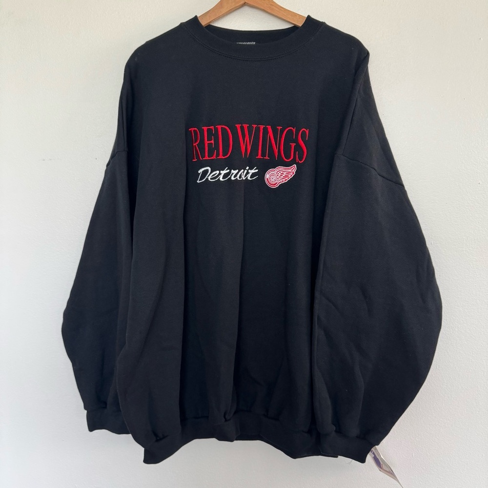 NEW Vintage 90s Logo 7 Detroit Red Wings Sweatshirt Mens 3XL Black Crewneck USA